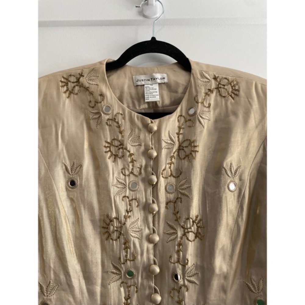 Vtg Justin Taylor Gold Embroidered Mirror Beaded Tunic Jacket Size 14 Champagne - Picture 5 of 9
